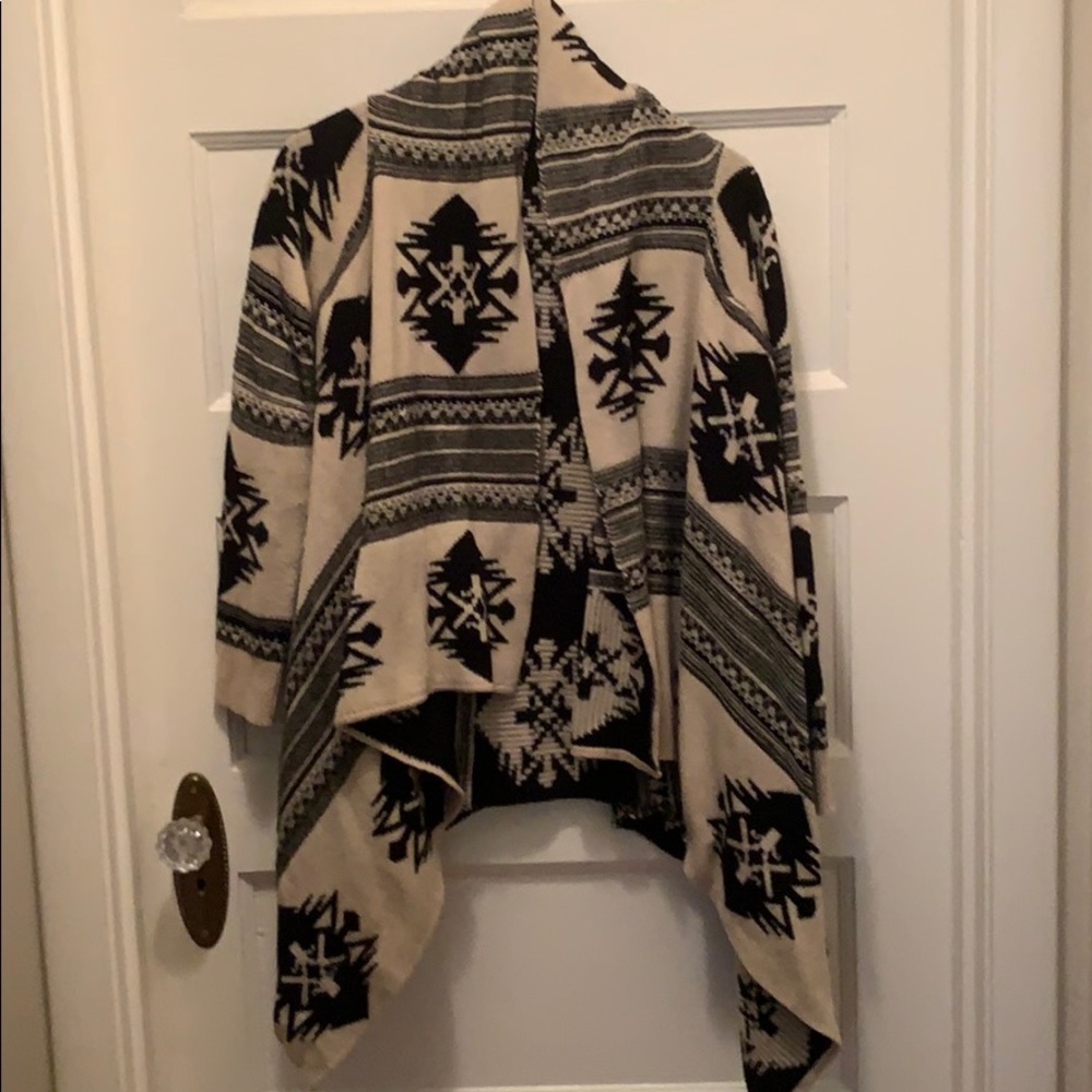 Cream and black Aztec print open front sweater